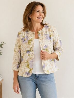 Coldwater Creek Floral Jacket Womens Size 16 Beige Purple Cotton Button Front